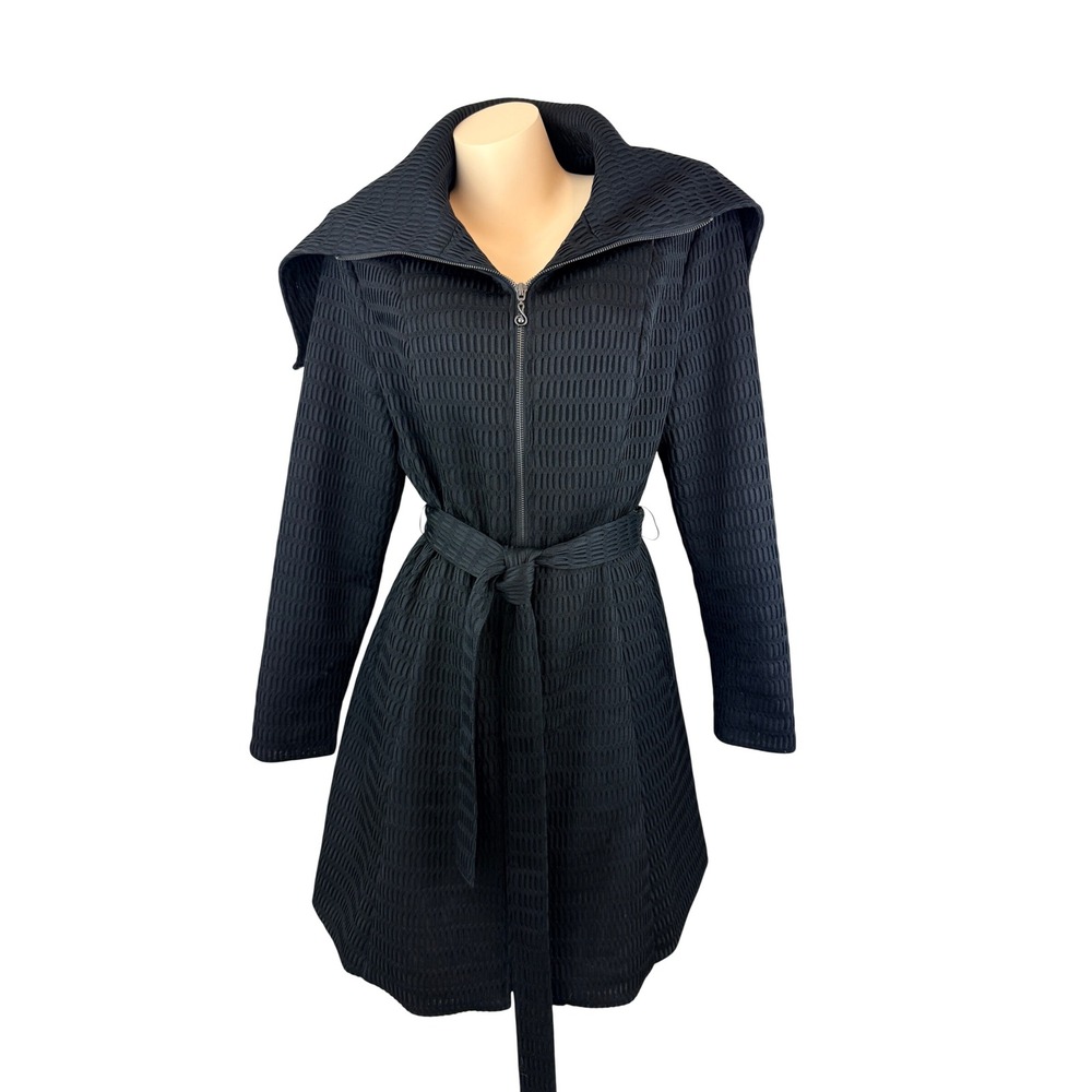 Samuel Dong Avant Garde Black Textured Zip Front Belted Trench Coat Large - Picture 4 of 10